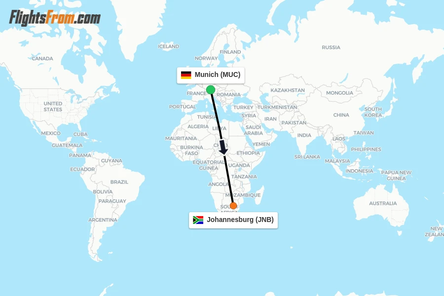Flights from Munich to Johannesburg route map