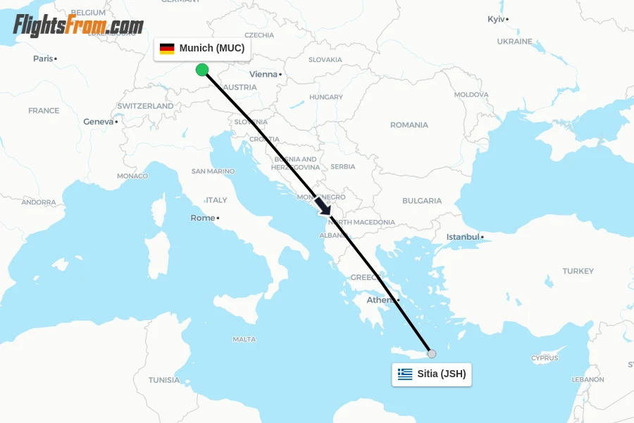 Flights from Munich to Sitia route map