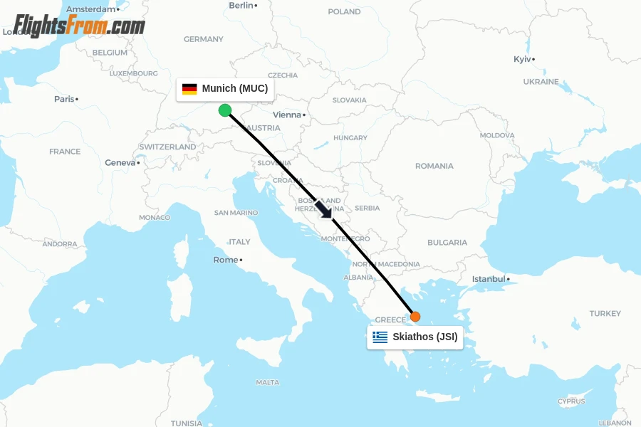 Flights from Munich to Skiathos route map