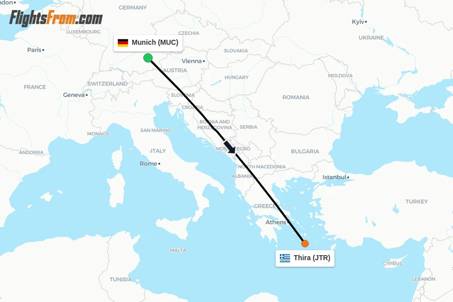 Flights from Munich to Thira route map