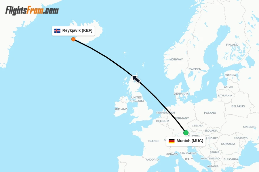 Flights from Munich to Reykjavik route map