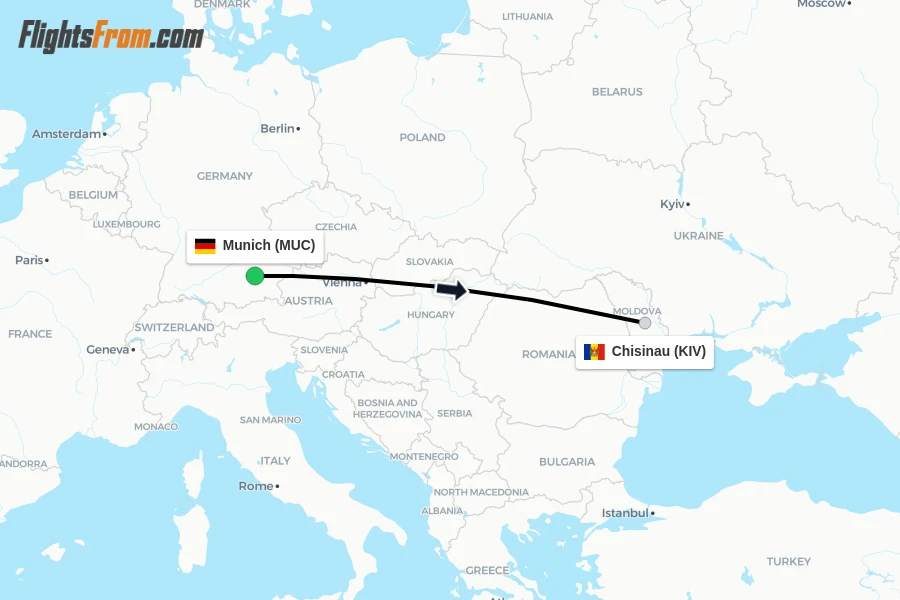 Flights from Munich to Chisinau route map