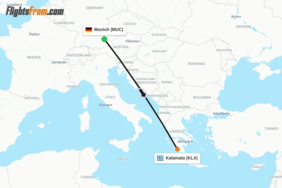 Flights from Munich to Kalamata route map
