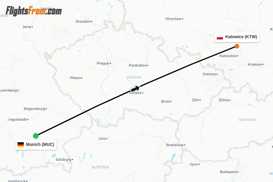 Flights from Munich to Katowice route map
