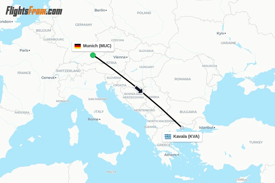 Flights from Munich to Kavala route map