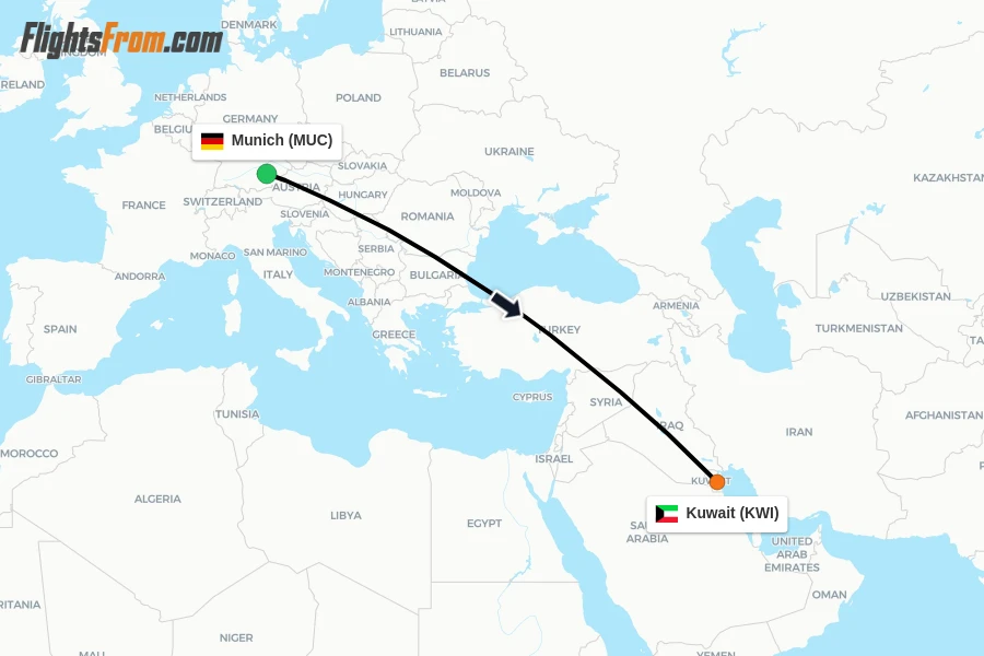 Flights from Munich to Kuwait route map