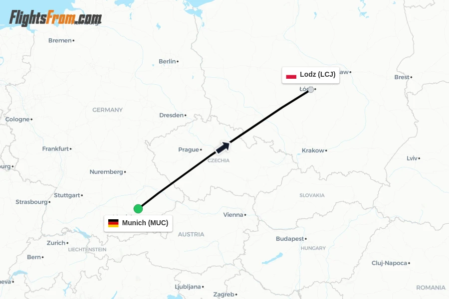 Flights from Munich to Lodz route map