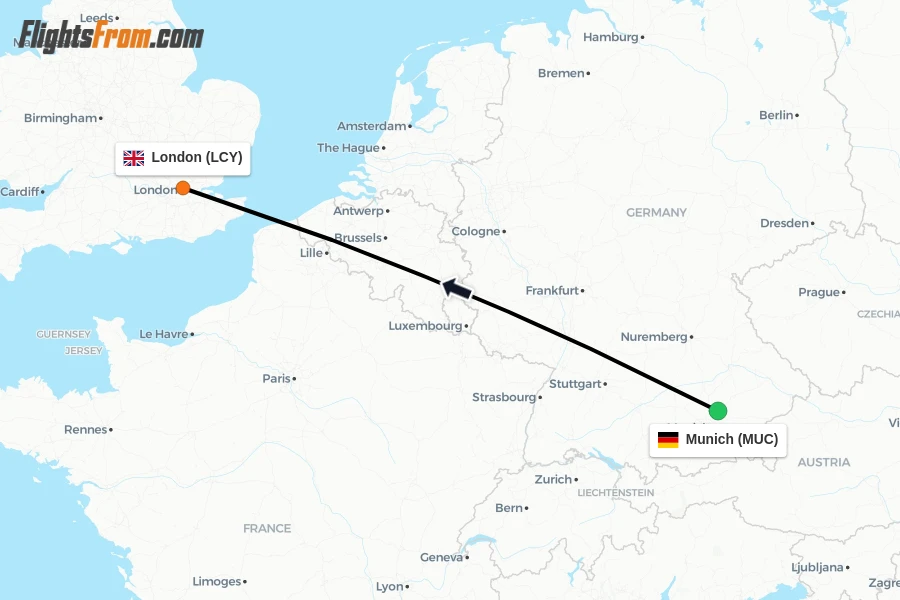 Flights from Munich to London route map