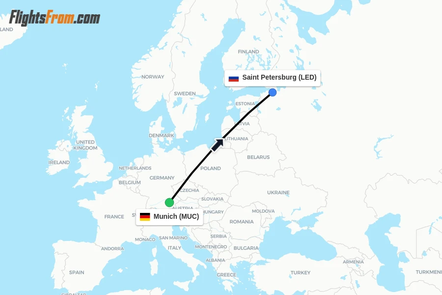 Flights from Munich to Saint Petersburg route map