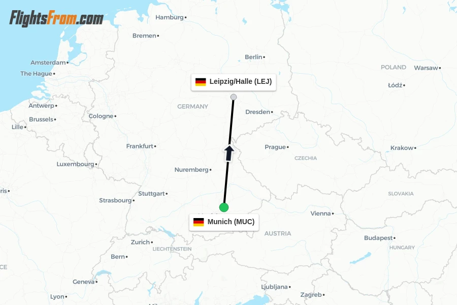 Flights from Munich to Leipzig/Halle route map