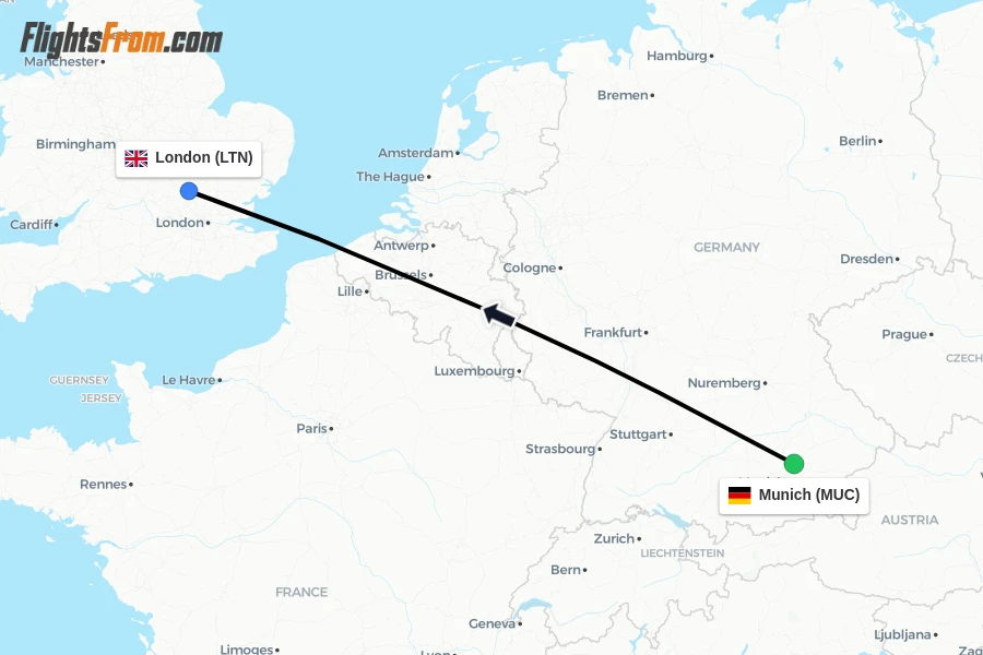 Flights from Munich to London route map