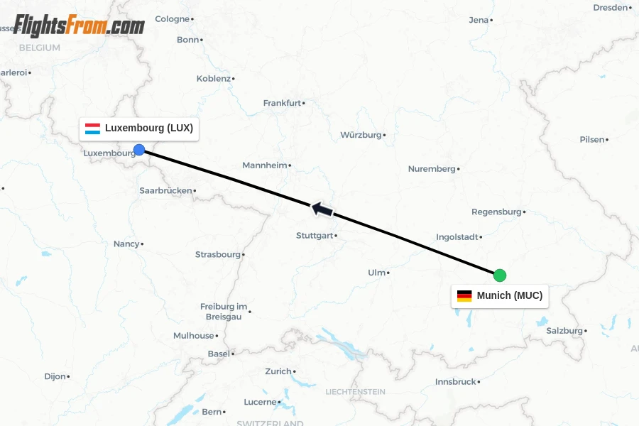 Flights from Munich to Luxembourg route map