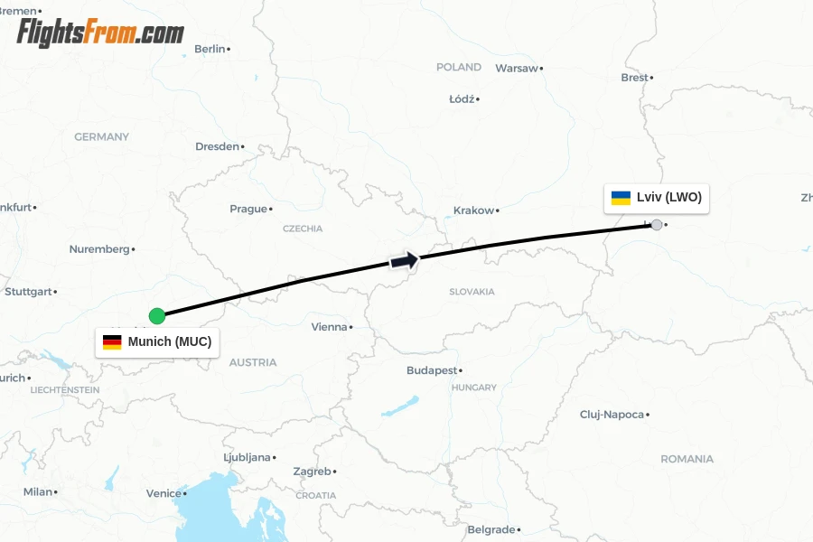 Flights from Munich to Lviv route map