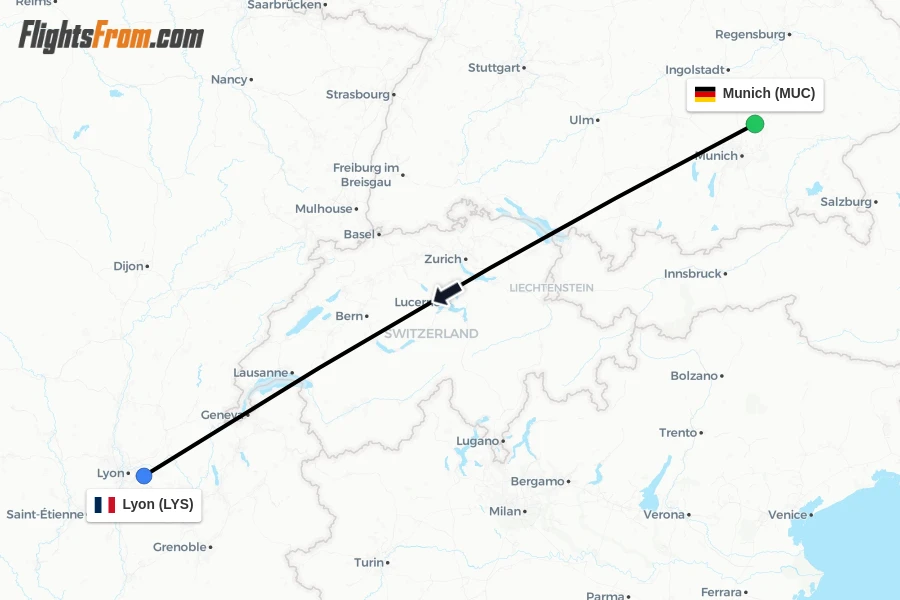 Flights from Munich to Lyon route map