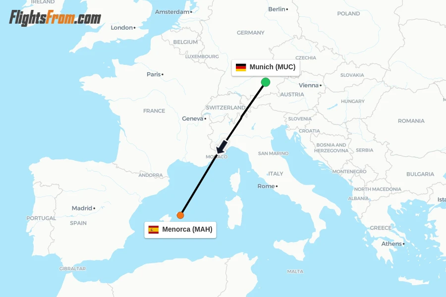 Flights from Munich to Menorca route map