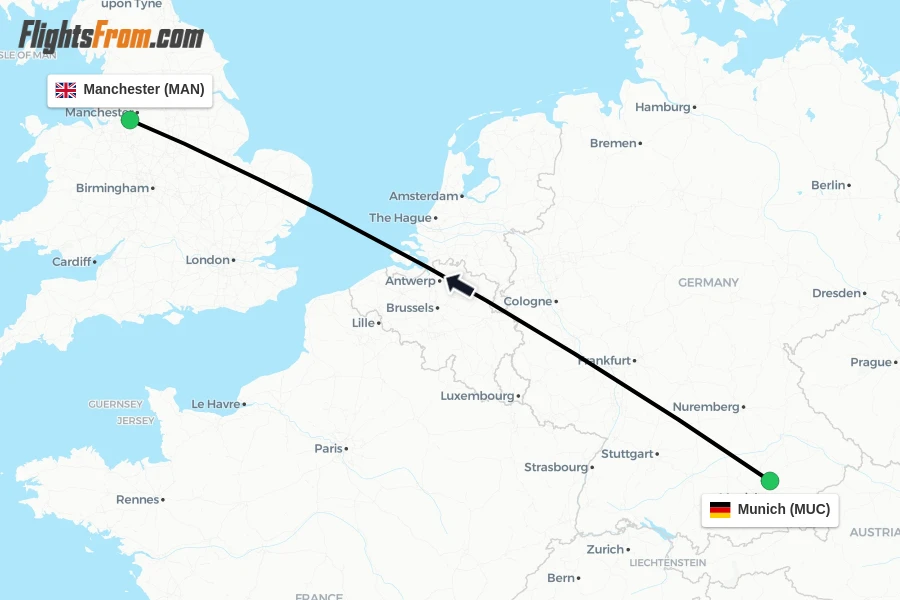 Flights from Munich to Manchester route map