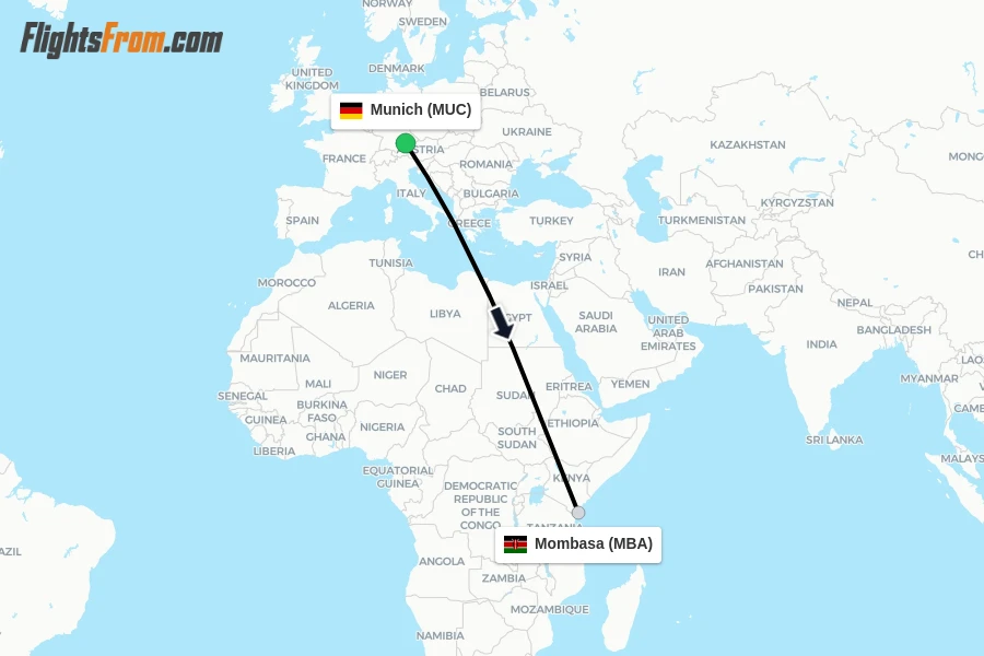 Flights from Munich to Mombasa route map