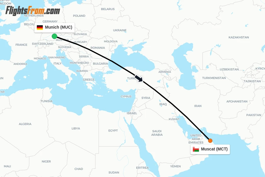 Flights from Munich to Muscat route map