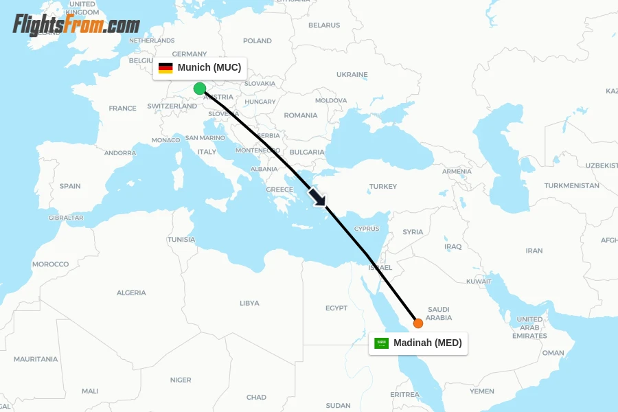 Flights from Munich to Madinah route map