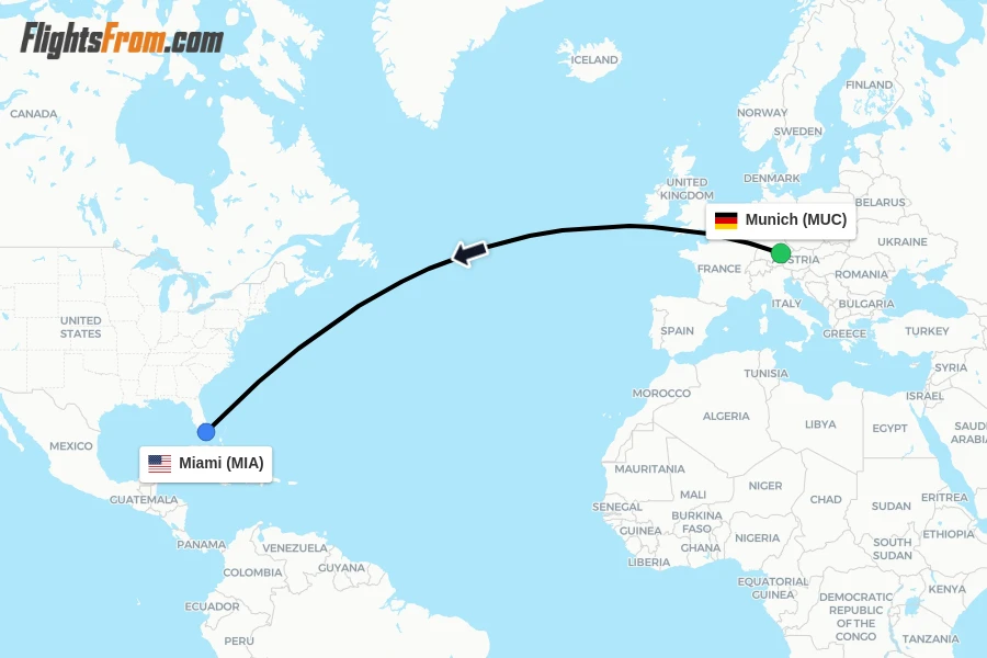 Flights from Munich to Miami route map