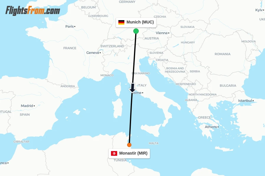 Flights from Munich to Monastir route map