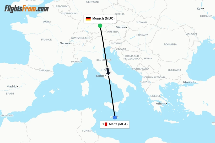 Flights from Munich to Malta route map