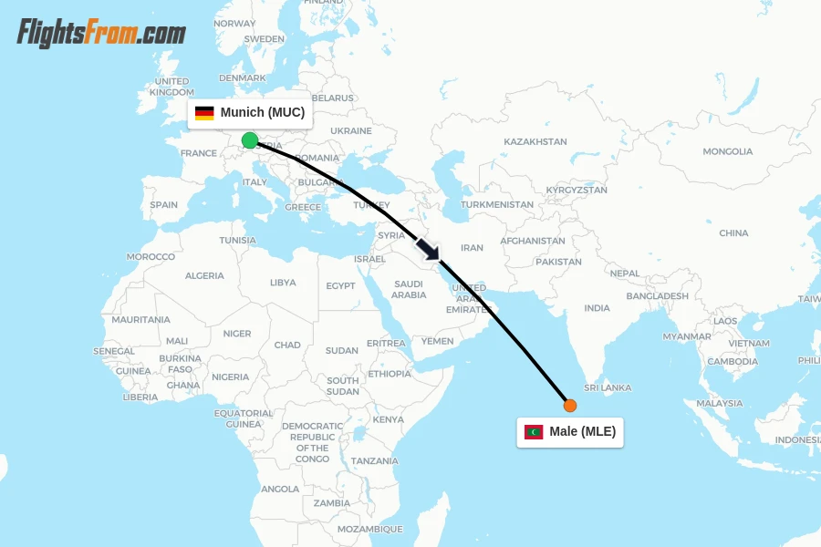 Flights from Munich to Male route map