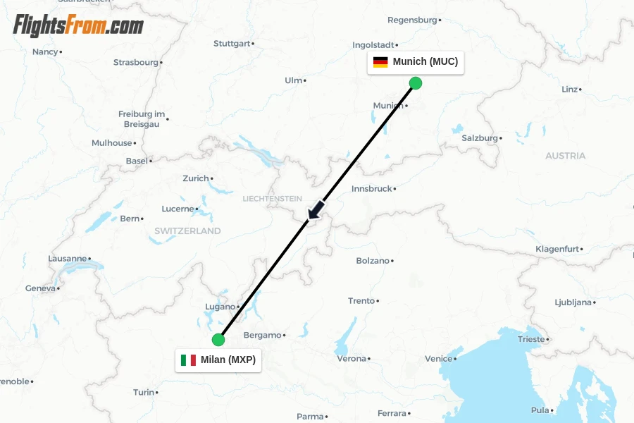 Flights from Munich to Milan route map