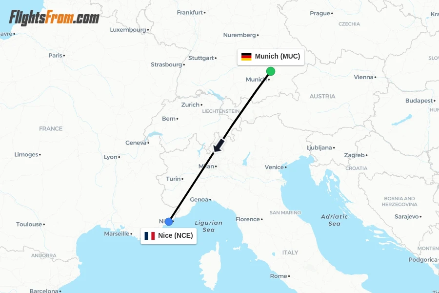 Flights from Munich to Nice route map