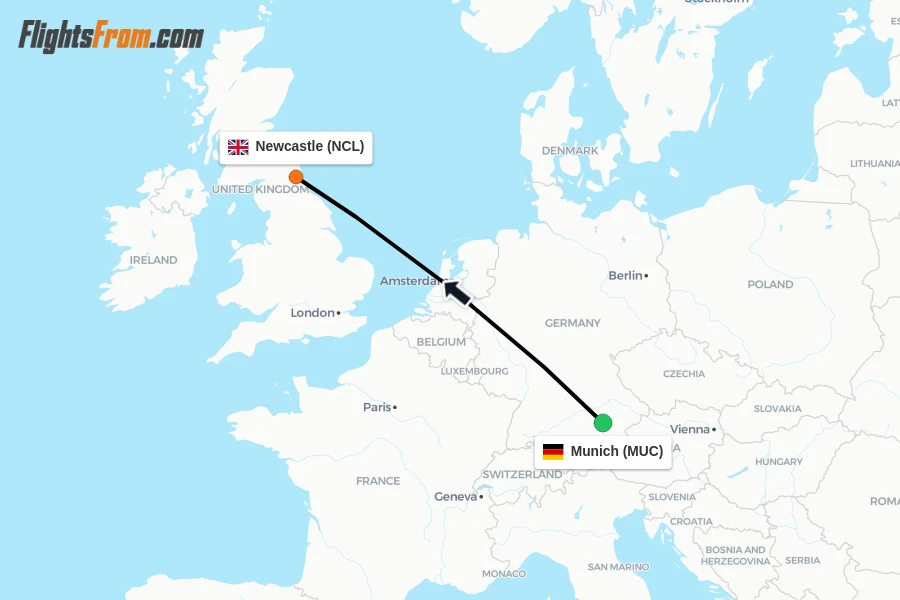 Flights from Munich to Newcastle route map