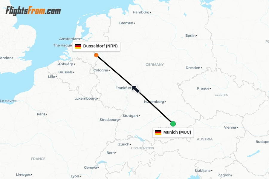 Flights from Munich to Dusseldorf route map