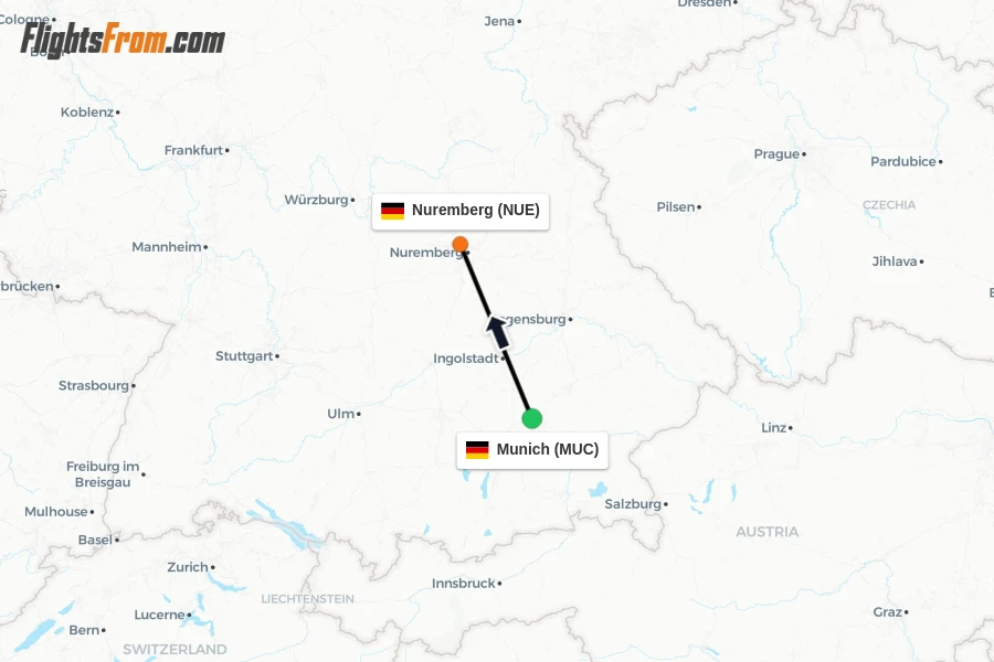 Flights from Munich to Nuremberg route map