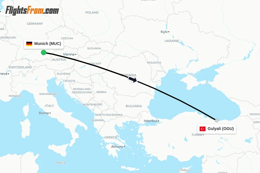 Flights from Munich to Gulyali route map