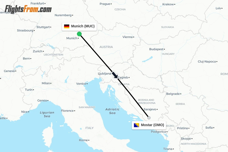 Flights from Munich to Mostar route map
