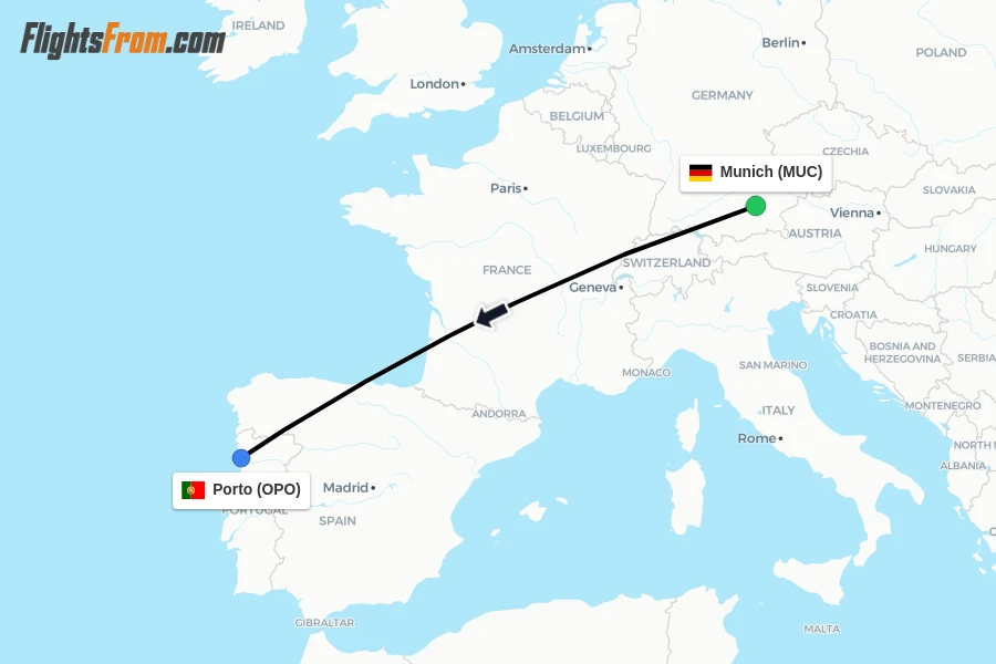 Flights from Munich to Porto route map