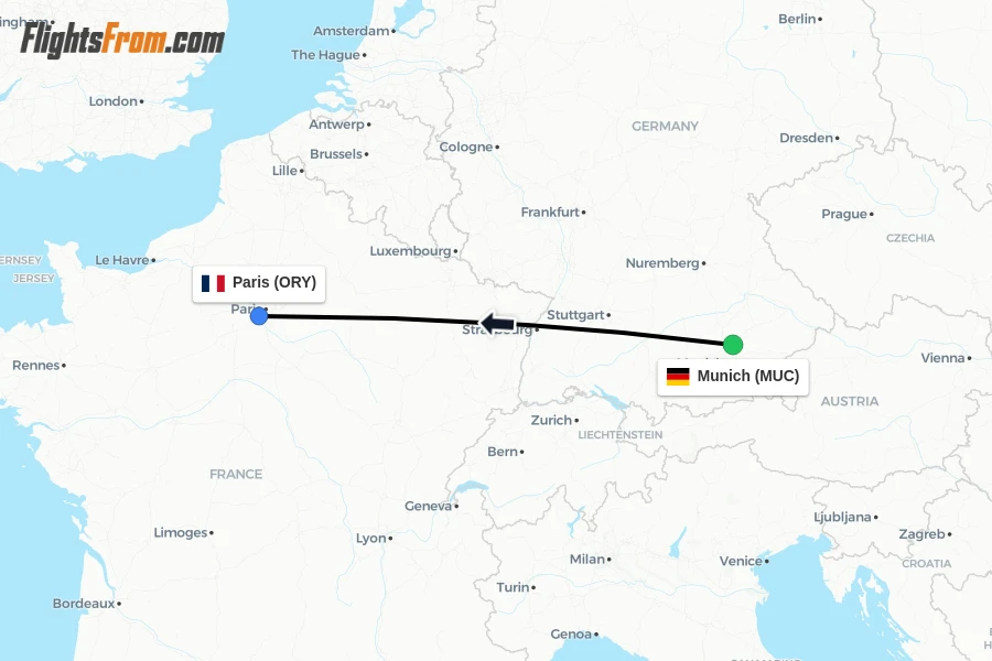 Flights from Munich to Paris route map