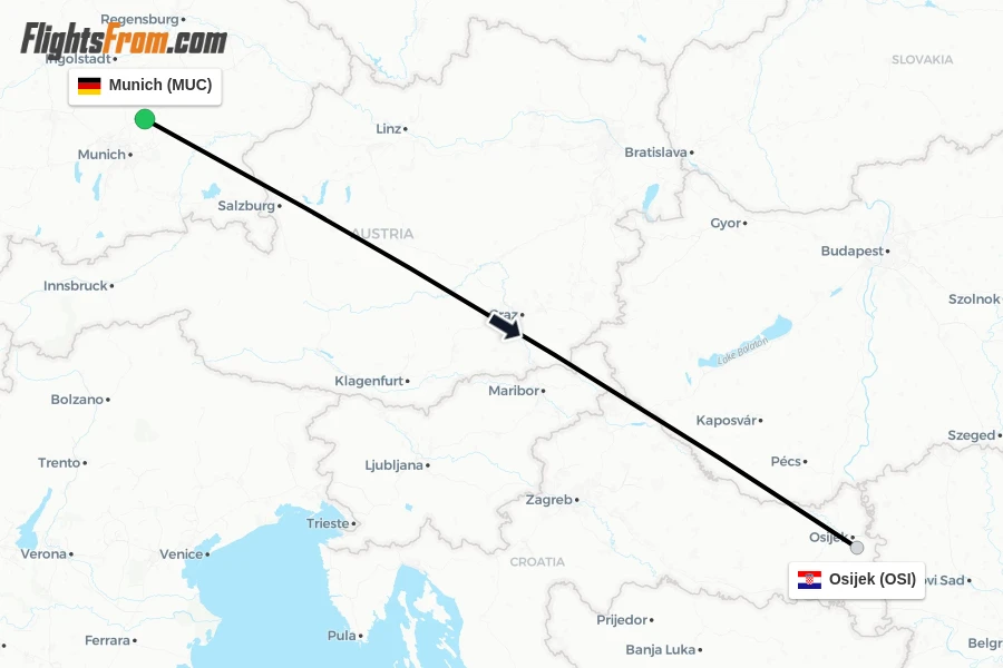 Flights from Munich to Osijek route map
