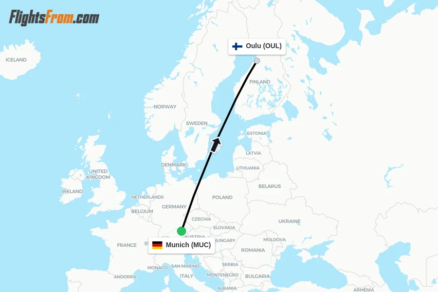 Flights from Munich to Oulu route map