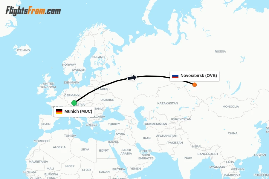 Flights from Munich to Novosibirsk route map