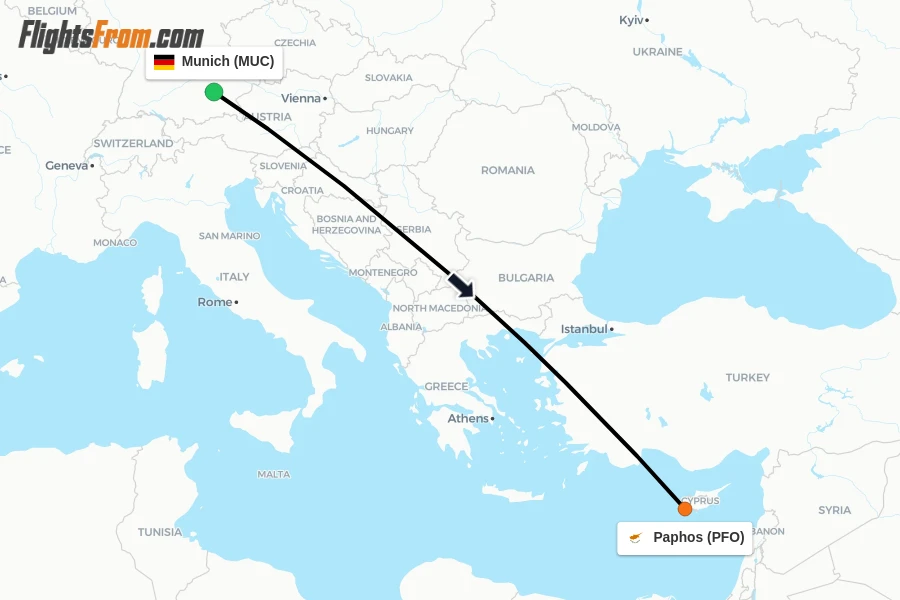 Flights from Munich to Paphos route map