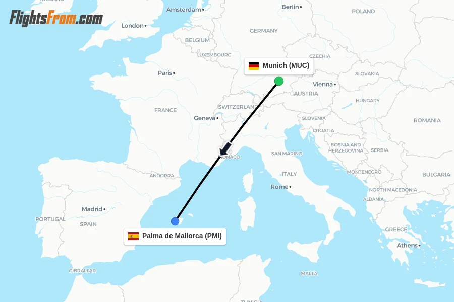 Flights from Munich to Palma de Mallorca route map