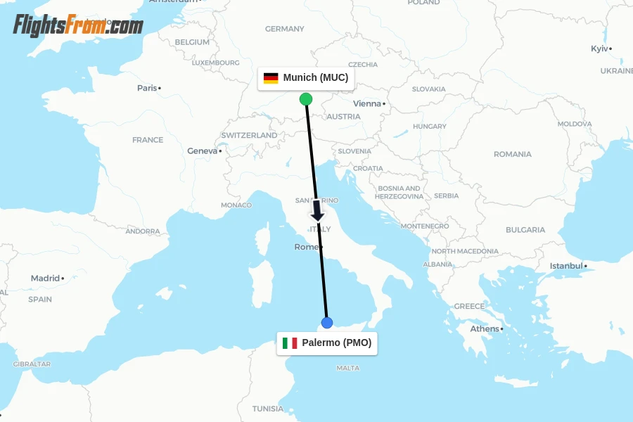 Flights from Munich to Palermo route map
