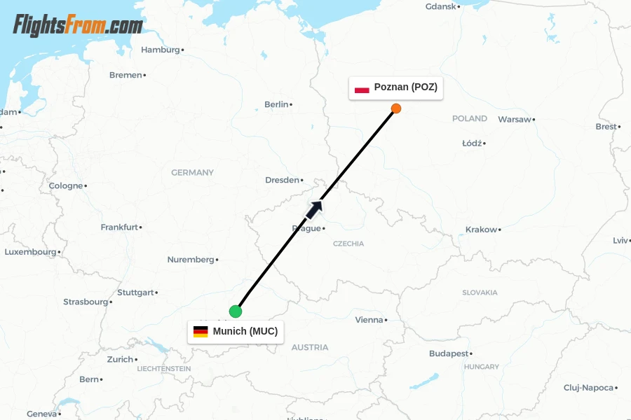 Flights from Munich to Poznan route map
