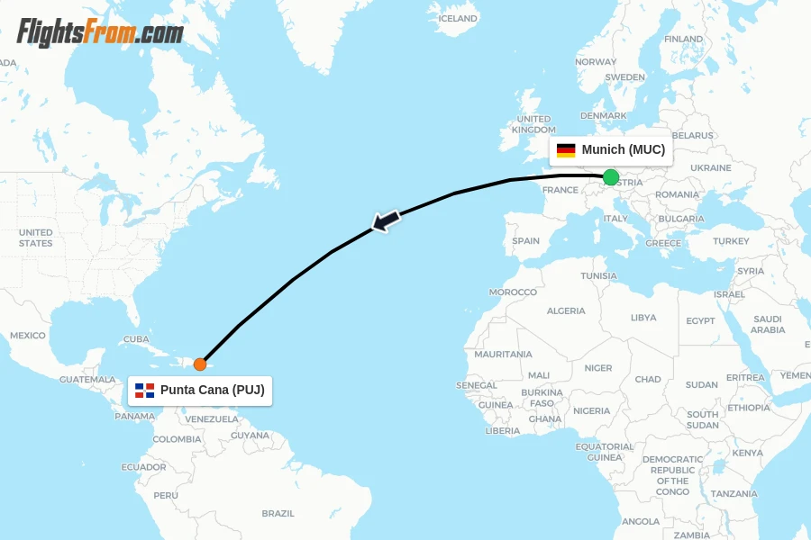 Flights from Munich to Punta Cana route map