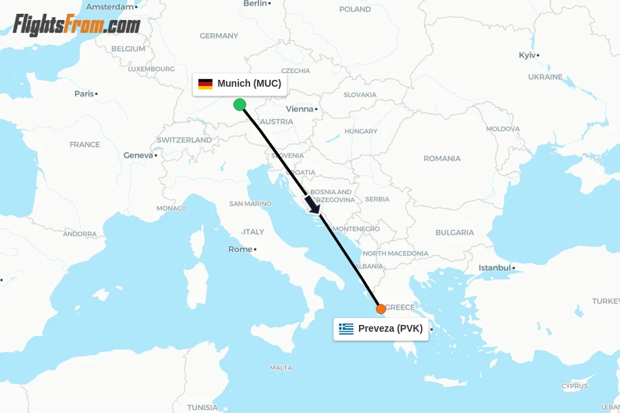 Flights from Munich to Preveza route map
