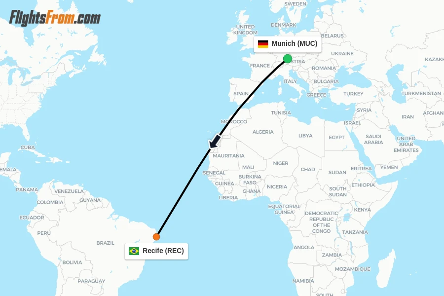 Flights from Munich to Recife route map