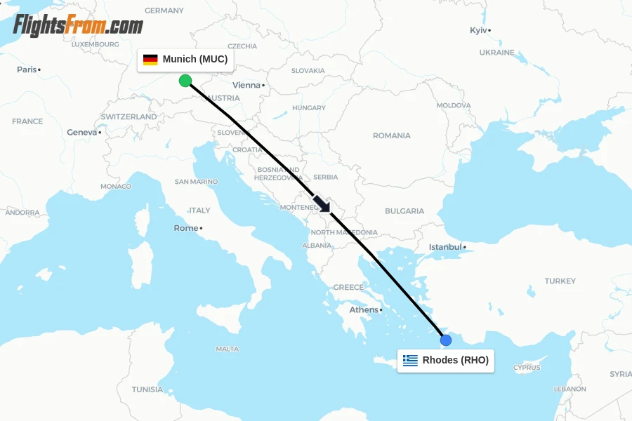 Flights from Munich to Rhodes route map