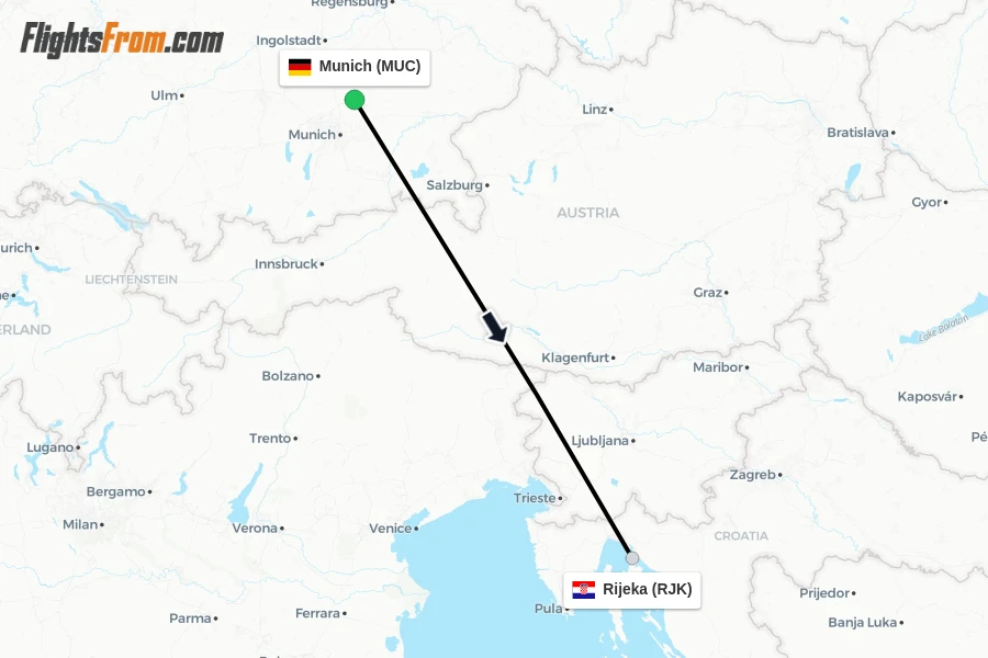 Flights from Munich to Rijeka route map