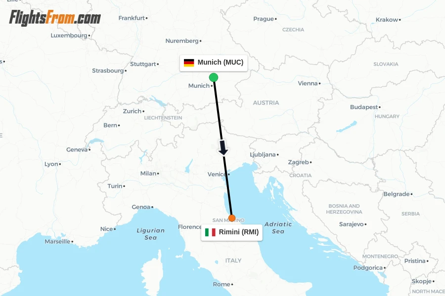 Flights from Munich to Rimini route map