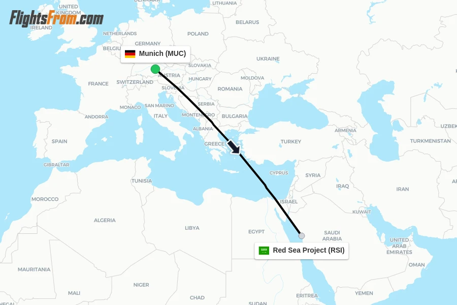 Flights from Munich to Red Sea Project route map